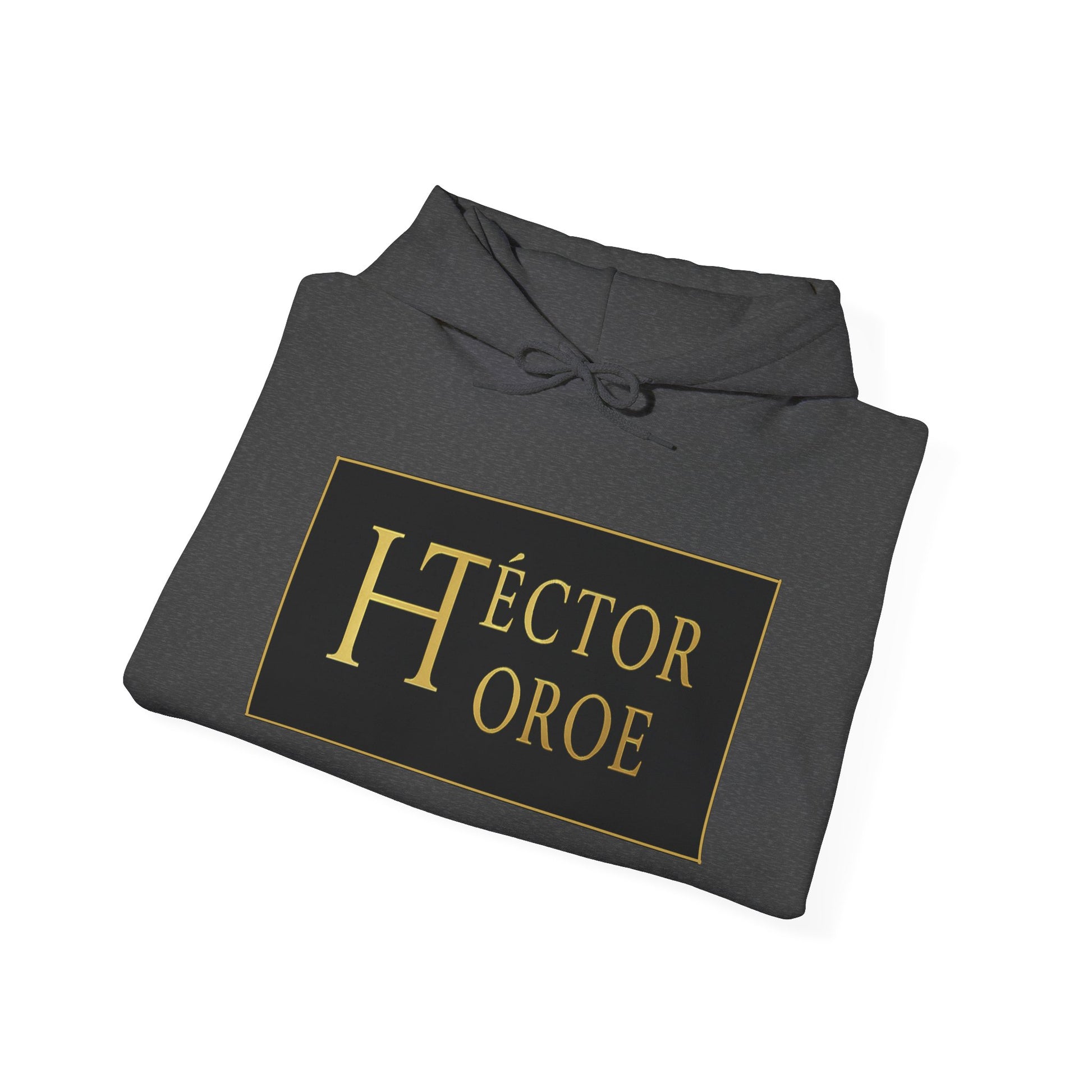 Sudadera brezo oscuro con capucha y bolsillo frontal, con un logotipo rectangular negro y dorado en el centro que muestra el texto “Héctor Toroe”.