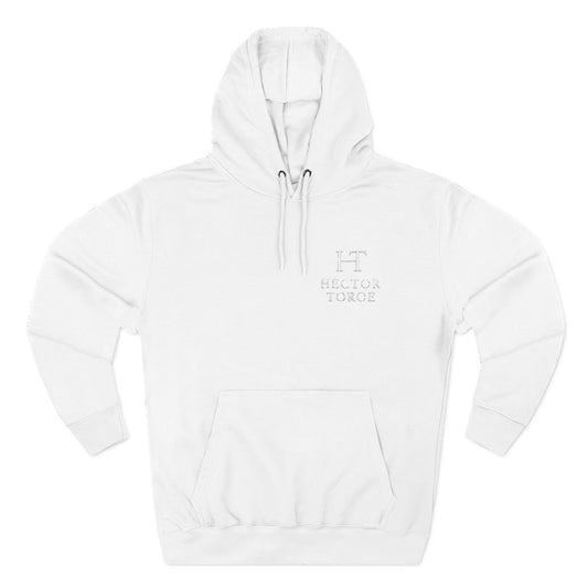 sudadera blanca de fleece con capucha, diseño logo Hector Toroe en frente