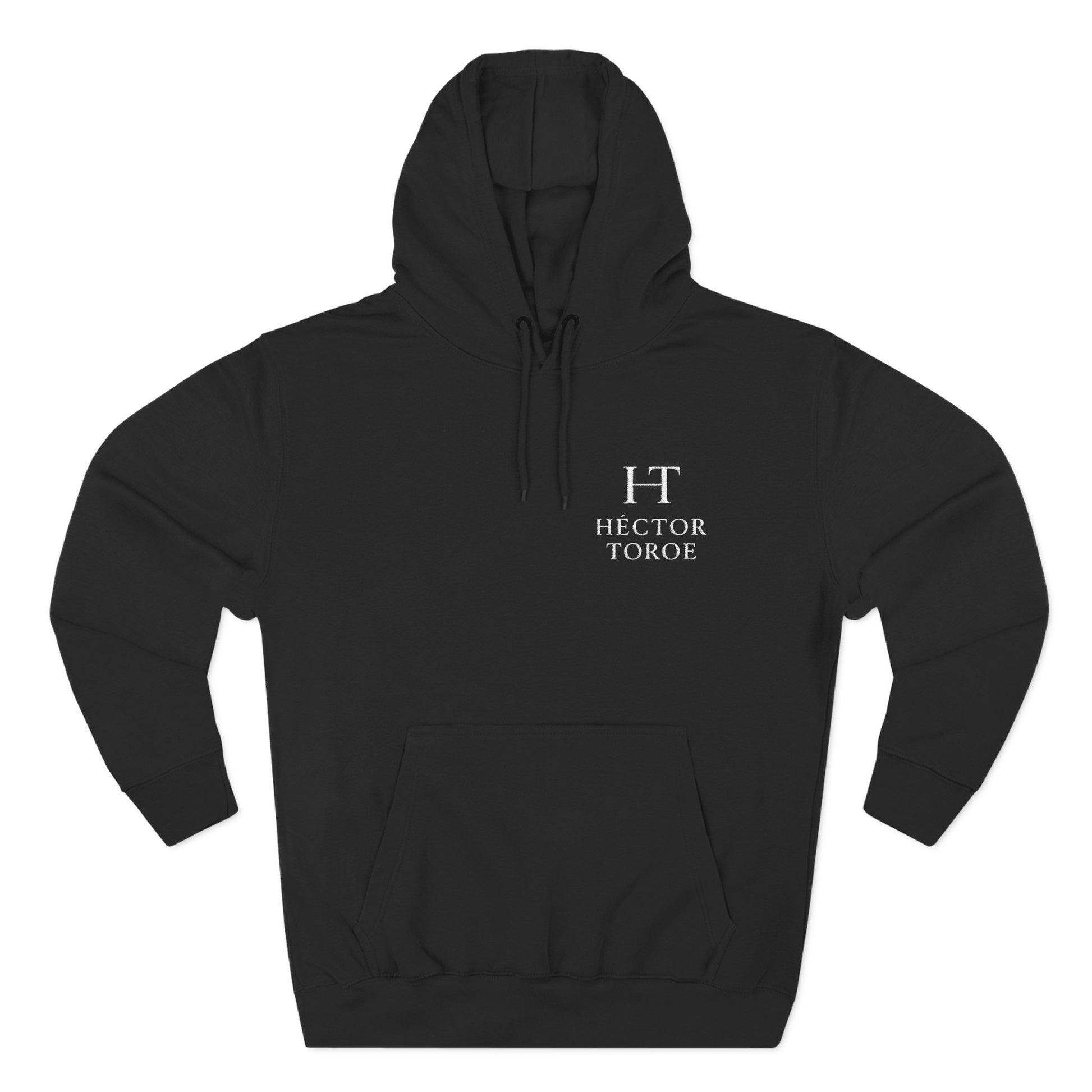 sudadera negro de fleece con capucha, diseño logo Hector Toroe en frente