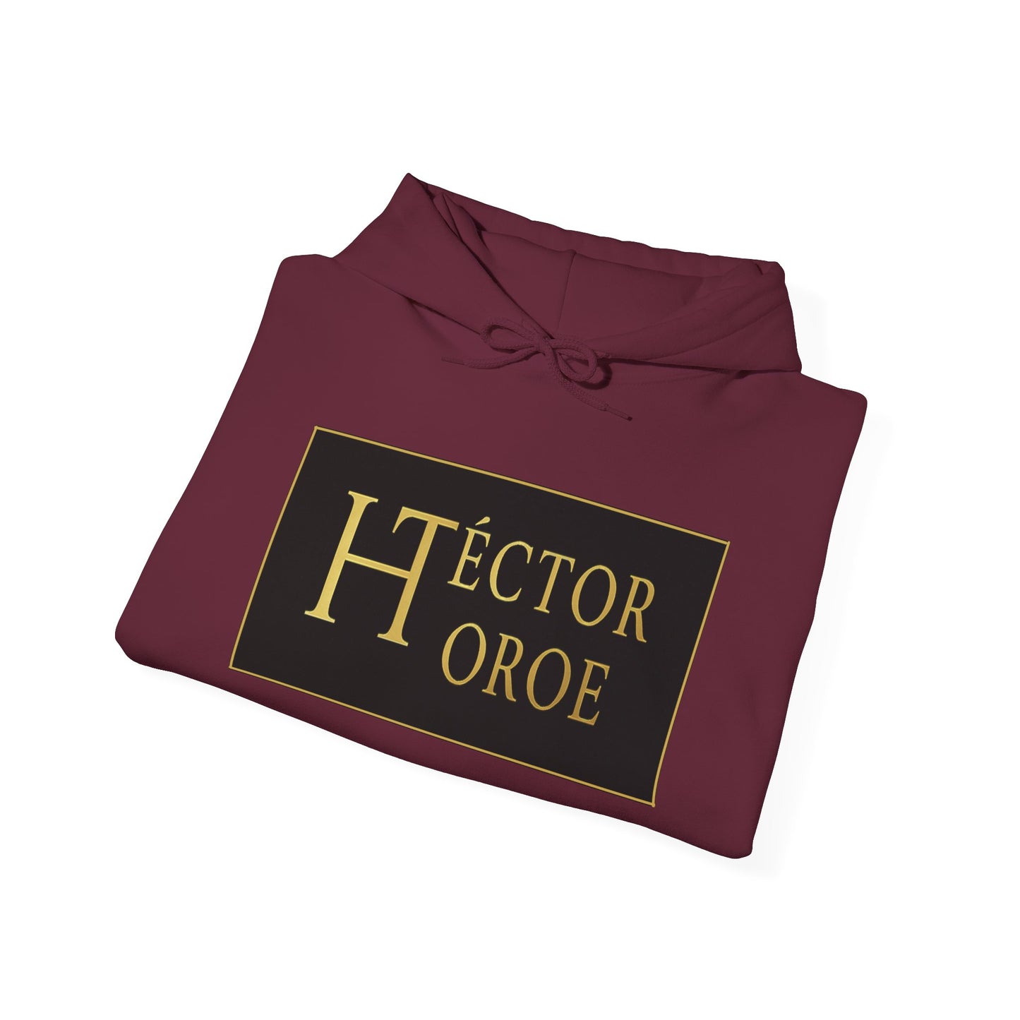 Sudadera granate con capucha y bolsillo frontal, con un logotipo rectangular negro y dorado en el centro que muestra el texto “Héctor Toroe”.