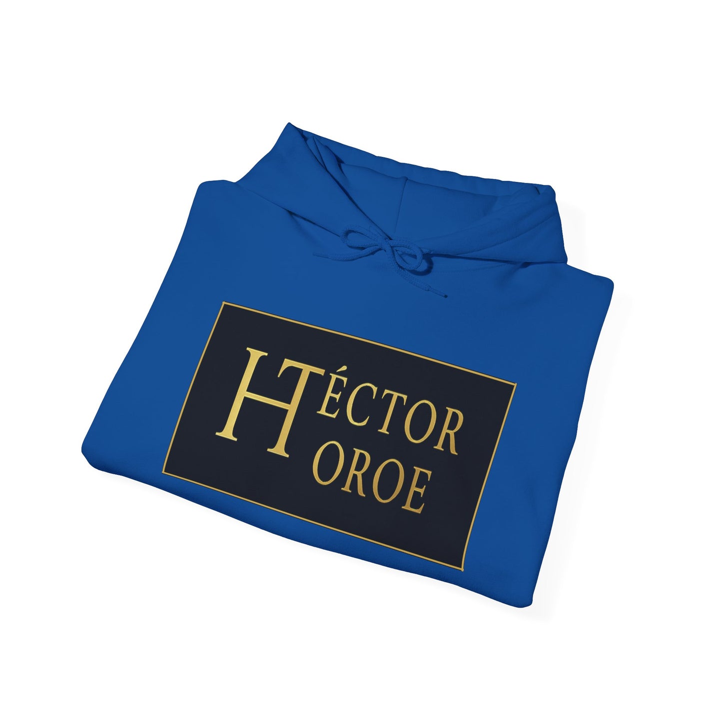 Sudadera Royal con capucha y bolsillo frontal, con un logotipo rectangular negro y dorado en el centro que muestra el texto “Héctor Toroe”.