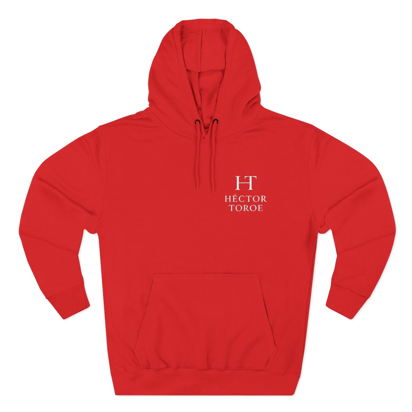 sudadera rojo de fleece con capucha, diseño logo Hector Toroe en frente