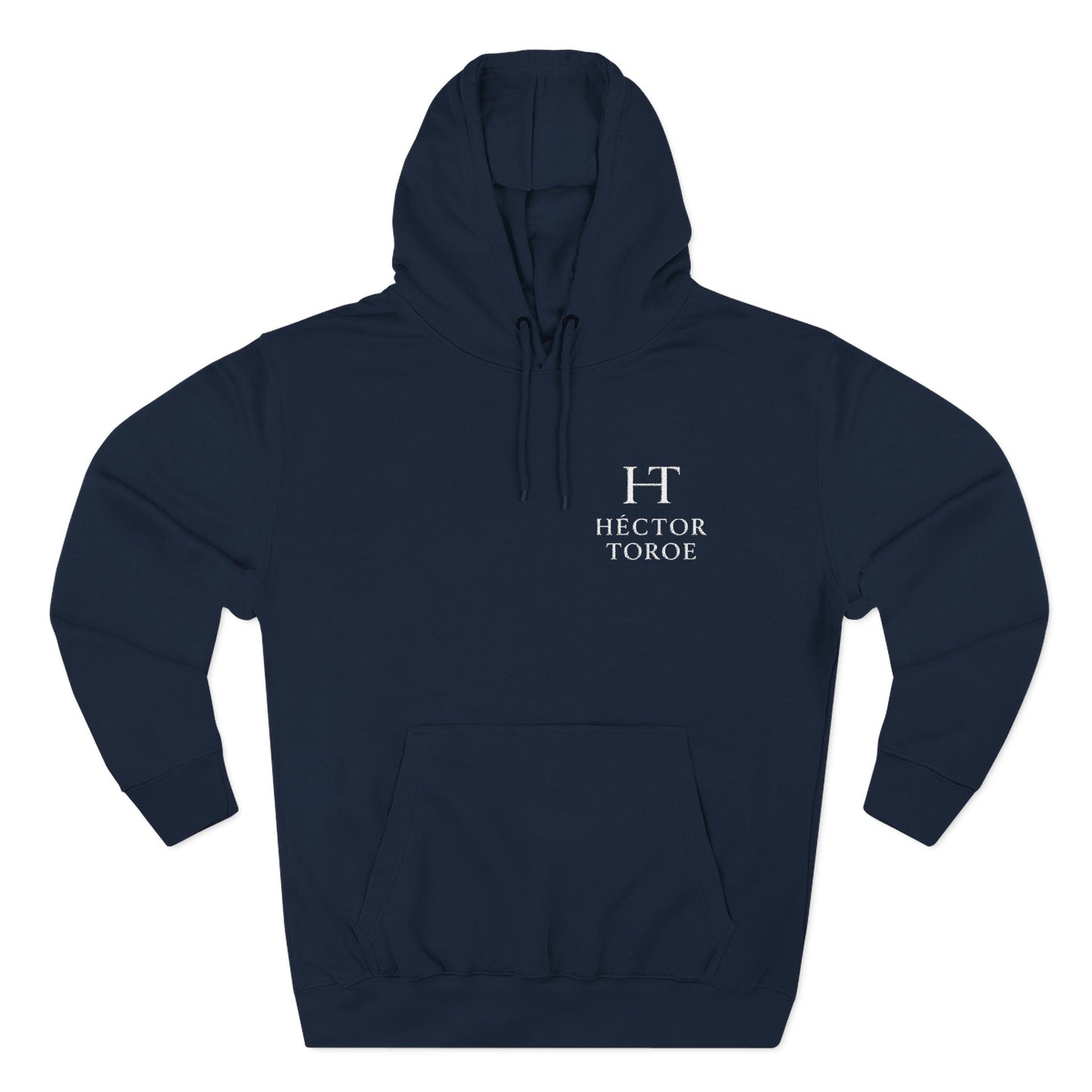 sudadera azul marino de fleece con capucha, diseño logo Hector Toroe en frente
