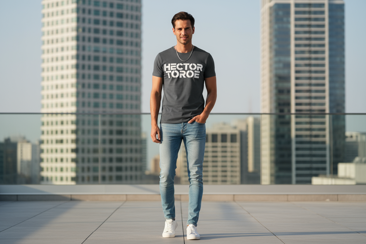 con una persona puesta la camisa Logotipo de la marca de ropa Hector Toroe