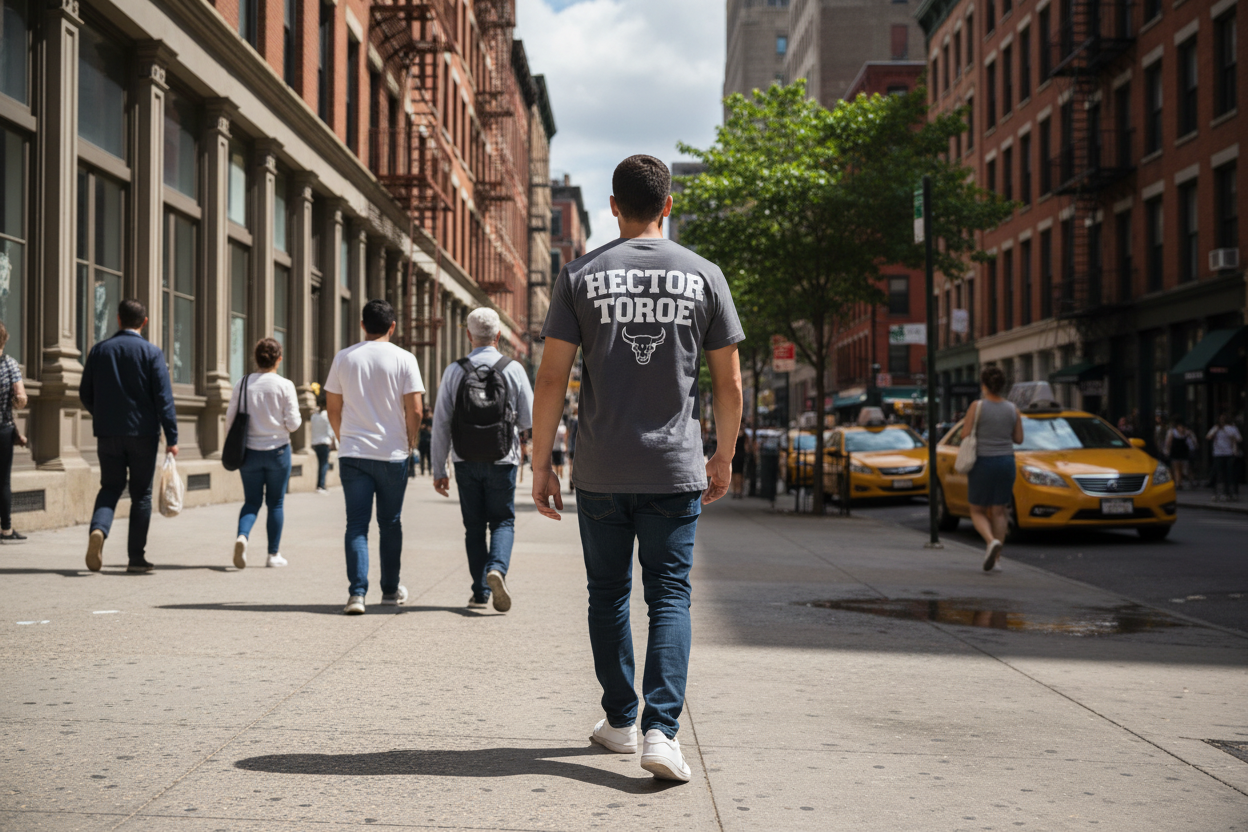 una persona que tiene camiseta puedes poner atras de la camiseta  que dice Hector Toroe, como la persona anda caminando en la cuidad